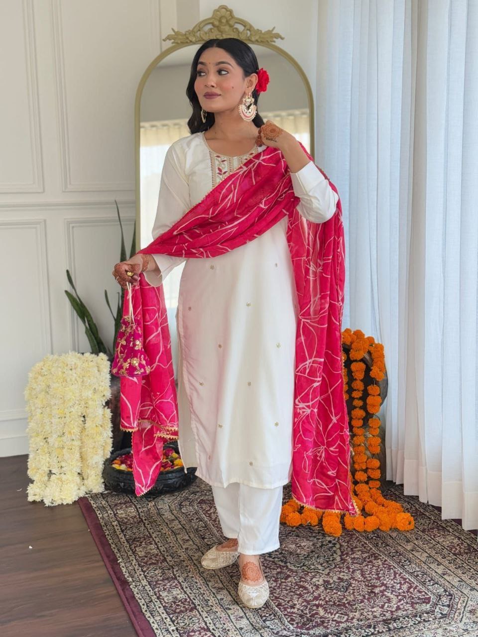 Elegant White Kurta Set with Pink Bandhani Dupatta for Women