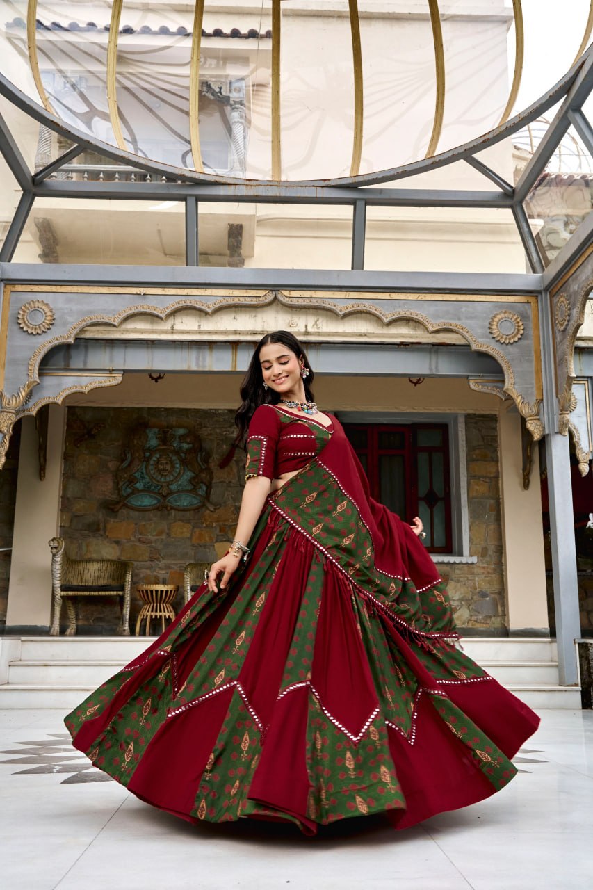 Embroidered Choli with Printed Paneled Lehenga and Dupatta Set | Ethnic Wear