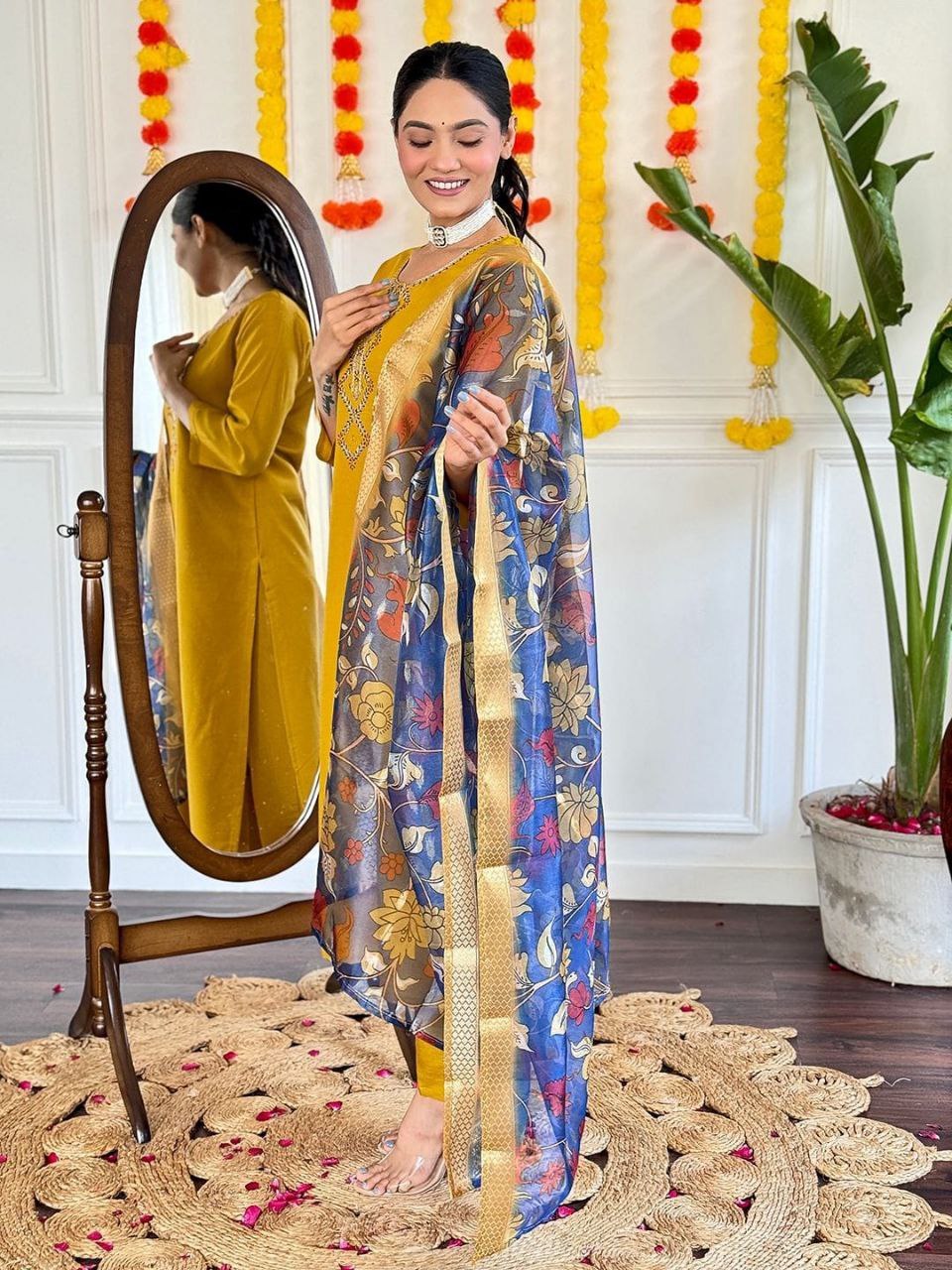 Mustard Yellow Embroidered Rayon Slub Kurta Set with Digital Printed Jacquard Dupatta