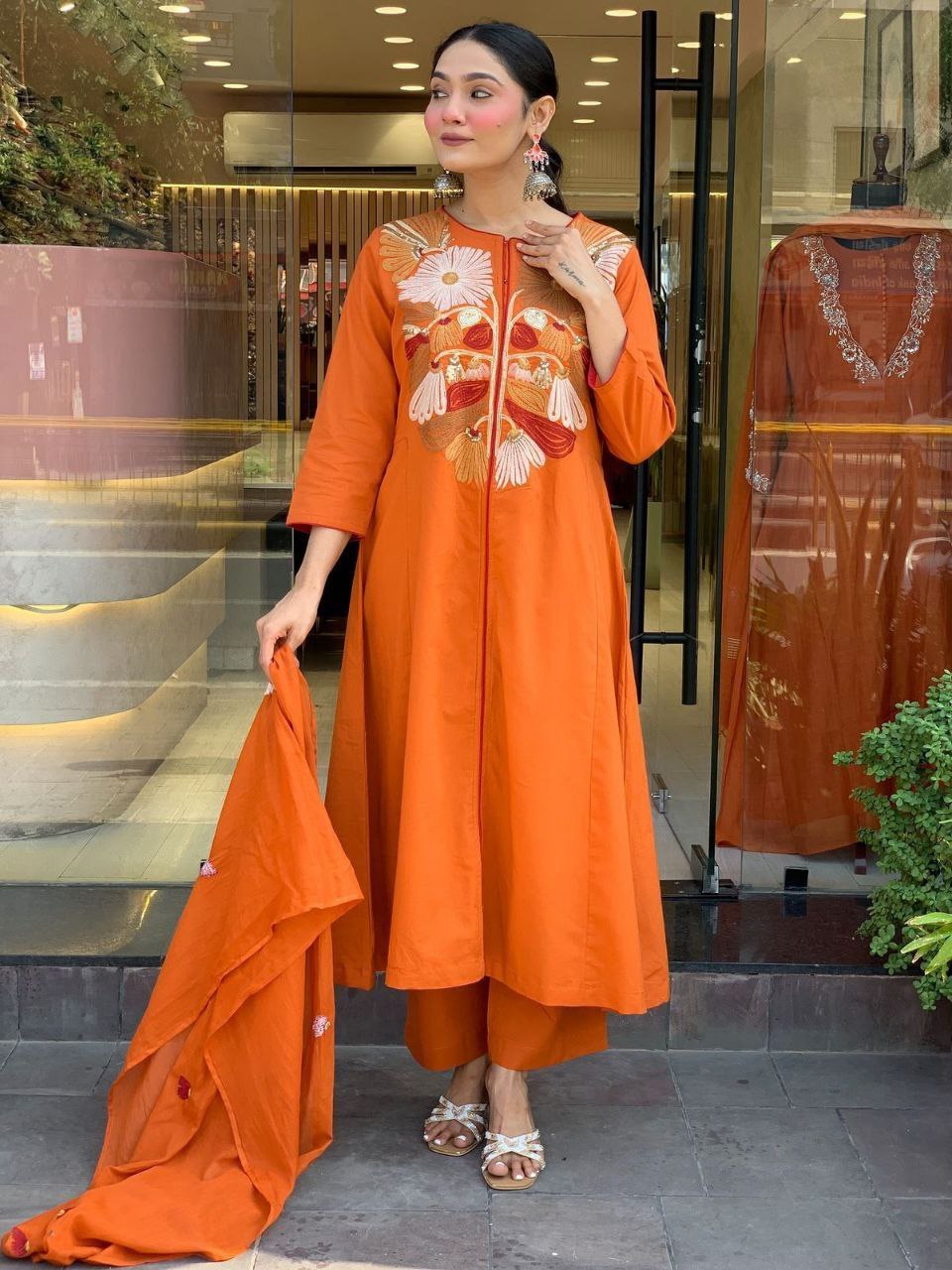 Orange Embroidered Viscose Rayon Kurta Set with Digital Printed Dupatta