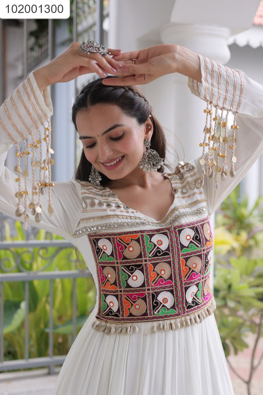 Handcrafted Khatli Work Full-Sleeve Tiered Long Dress | Ethnic Wear