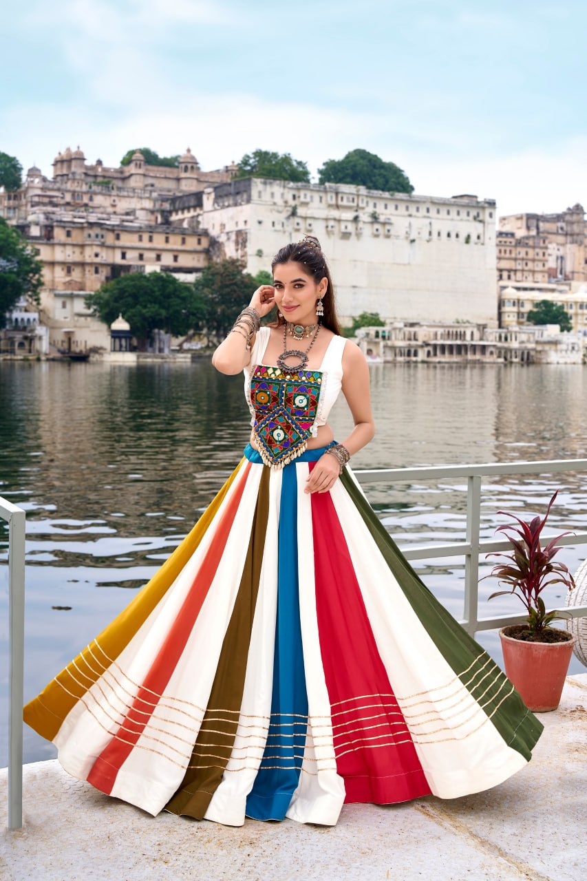 Multicolor Panel Kalidar Lehenga Choli with Embroidered Kutchi Patchwork Blouse