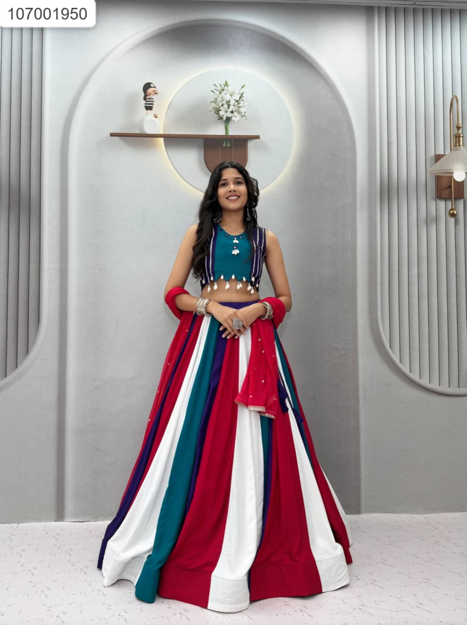 Sleeveless Koti Style Crop Top with Paneled Lehenga Set | Ethnic Wear